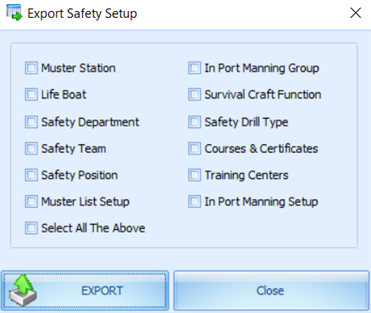 This figure shows the options in Export Safety Setup.
