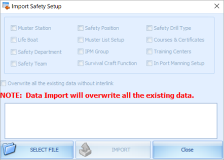 This figure shows the options in Import Safety Setup.