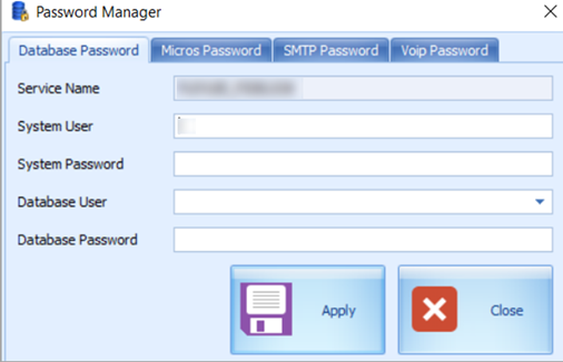 This figure shows the Password Manager window where you update the database password for SPMS, MICROS, SMTP and VOIP.