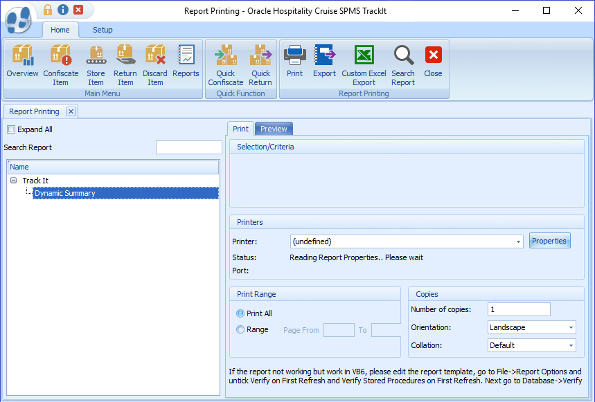This figure shows the Report Dialog Window
