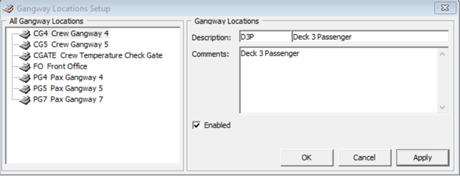 This figure shows the Gangway Location setup window where locations is configured.