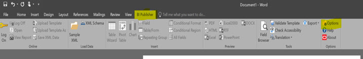 This figure shows the BI Publisher Tab selected in Microsoft Word.