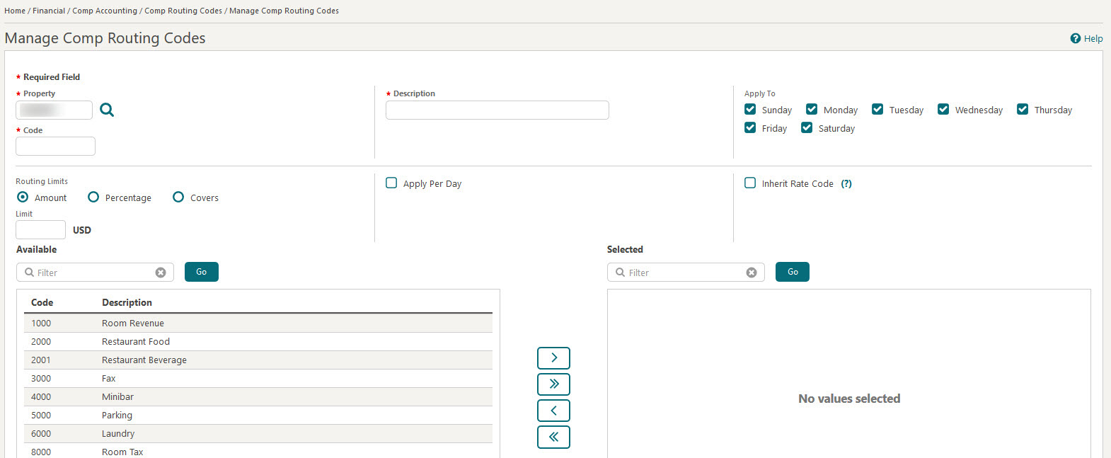 This figure shows the Manage Comp Routing Codes screen.