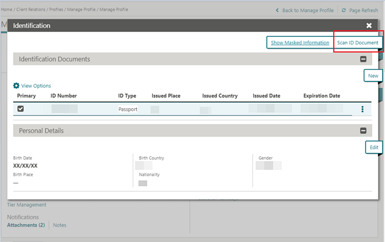 This image shows the Identification panel with Scan ID Document highlighted.