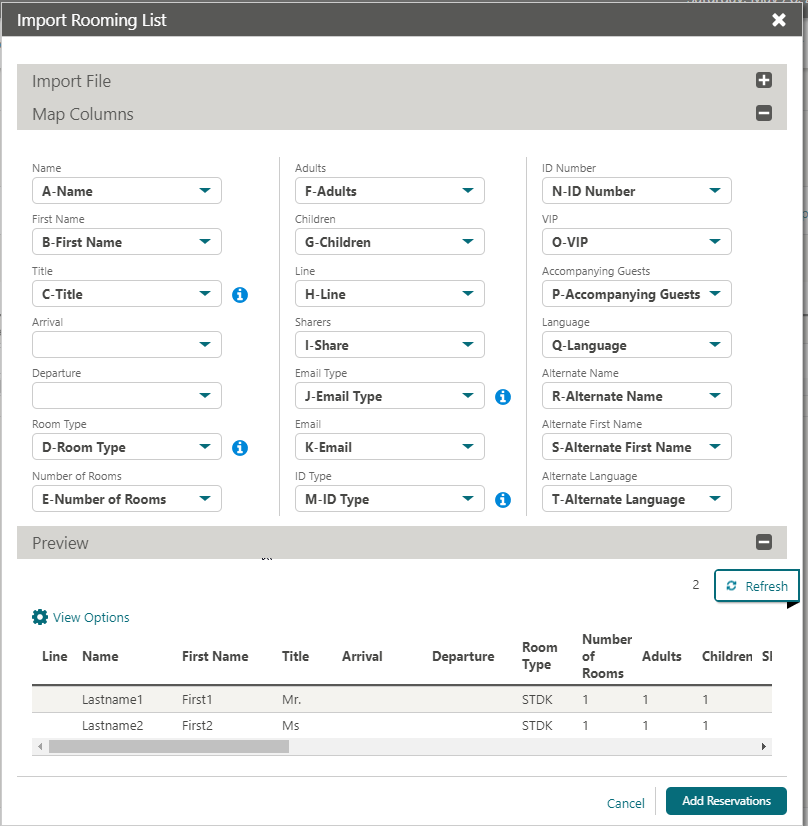 This image shows Import Rooming List panel with column mappings.