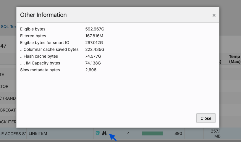 この画像は、SQLモニターによって提供されるスマートI/O行ソース統計の例を示しています。 この画像は、SQLモニターによって提供されるスマートI/O行ソース統計の例を示しています。