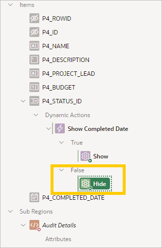「非表示」動的アクション