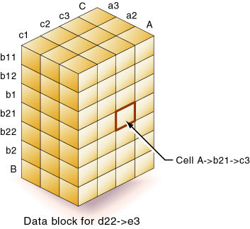 この図は、図の前のテキストで説明されている密ディメンションを表すデータ・ブロックを示しています。 この図は、図の前のテキストで説明されている密ディメンションを表すデータ・ブロックを示しています。