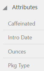 このイメージは、Product (Caffeinated、Intro Date OuncesおよびPkg Type)の属性を示しています。