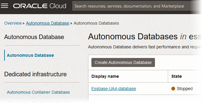 Autonomous Databaseが停止しているOCIコンソール