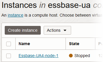 Essbase-UA4-node-1という名前のEssbaseインスタンスは、ステータスが「停止済」であり、OCIでコンパートメント内のコンピュート・インスタンスとしてリストされます。