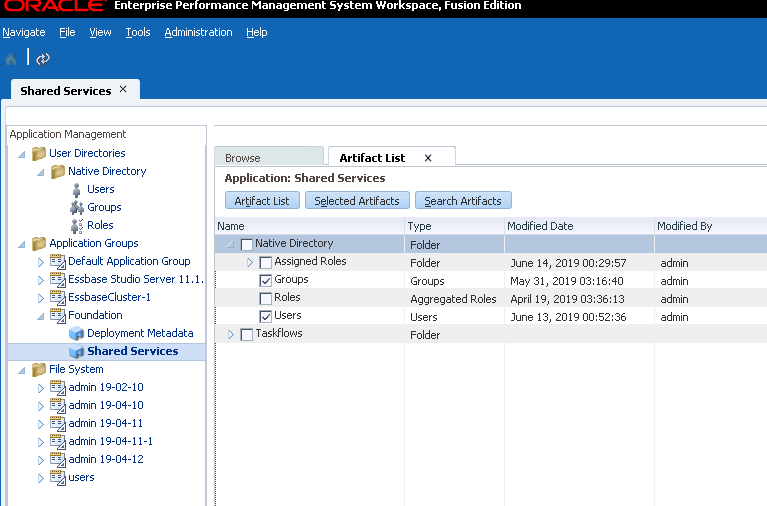 「Shared Services」フォルダには、グループおよびユーザーのデータが格納されています。