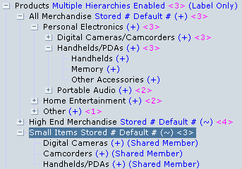 Productsディメンションにメンバー[Small Items]が追加されたアウトラインの抜粋。[Small Items]には、[Digital Cameras]、[Camcorders]、[Handhelds/PDAs]の子があります。