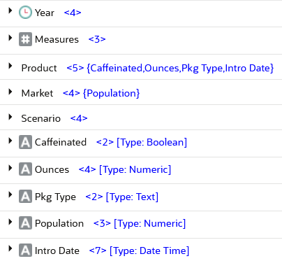 Sample_Dynamic Basicキューブには、5つの標準ディメンション(Year、Measures、Product、MarketおよびScenario)と5つの属性ディメンション(Caffeinated、Ounces、Pkg Type、PopulationおよびIntro Date)があります。 Sample_Dynamic Basicキューブには、5つの標準ディメンション(Year、Measures、Product、MarketおよびScenario)と5つの属性ディメンション(Caffeinated、Ounces、Pkg Type、PopulationおよびIntro Date)があります。