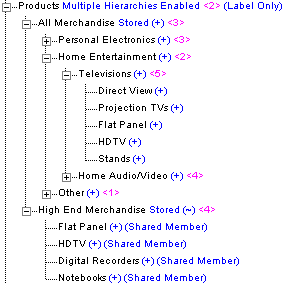 このイメージは、ProductsディメンションにHigh End Merchandiseの代替階層が含まれるアウトラインを示しています。 このイメージは、ProductsディメンションにHigh End Merchandiseの代替階層が含まれるアウトラインを示しています。