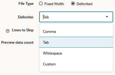 ルール・ファイル・ソースのプロパティ・ダイアログ(ソースがファイルの場合)。選択したファイル・タイプは「区切り」で、デリミタの選択は「タブ」です。その他のオプションは、「カンマ」、「空白」および「カスタム」です。