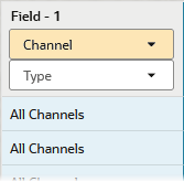 Channelディメンションが選択されている、ディメンション構築ルール・エディタ内のフィールド1の図。