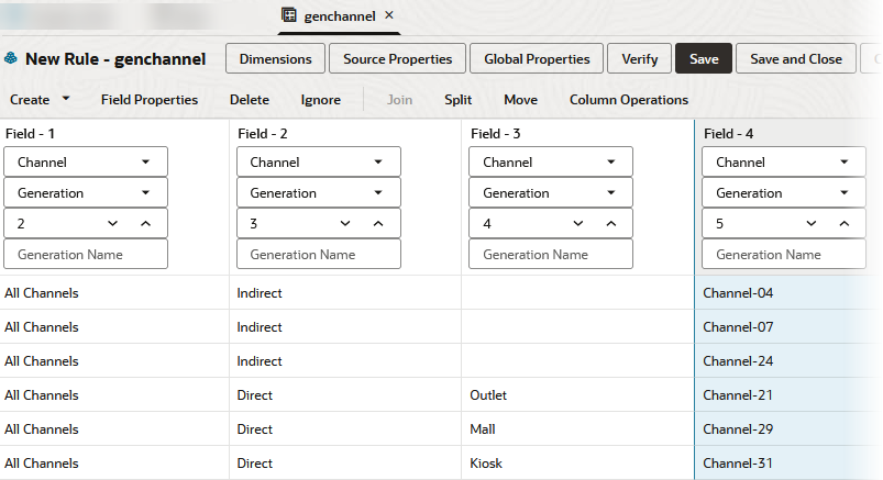この図は、「世代nullの処理」構築方法の使用によって不規則階層があるChannelディメンションを作成するルールを示しています。フィールド1は、「Channel」、「世代」、「2」として定義されており、「All Channels」が含まれています。フィールド2は、「Channel」、「世代」、「3」として定義されており、3つのレコードに「Indirect」、3つのレコードに「Direct」が含まれています。フィールド3は、「Channel」、「世代」、「4」として定義されており、3つのnullフィールドと3つの位置フィールド(Outlet、MallおよびKiosk)が含まれています。フィールド4は、「Channel」、「世代」、「5」として定義されており、チャネルIDが含まれています。