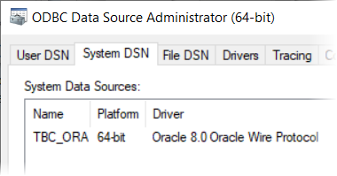 Windows 64ビットODBCデータソース管理者ユーティリティ、「システムDSN」タブ。TBC_ORAという名前のシステム・データ・ソースが追加されていて、Oracle 8.0 Oracle Wire Protocolという名前のドライバに関連付けられています。