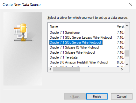 Windows 64ビットODBCデータソース管理者ユーティリティの「新規データソースの作成」画面。ダイアログには、「データソースを設定するドライバを選択します」というテキストがあります。選択したドライバは「Oracle 7.1 SQL Server Wire Protocol」で、「完了」ボタンが強調表示されています。