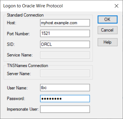 Windows 64ビットODBCデータ・ソース管理者ユーティリティの「Oracle Wire Protocolへのログオン」画面。この画面のエントリは次のとおりです。ホスト: myhost.example.com、ポート番号: 1521、SID: ORCL、ユーザー名: tbc、パスワード: (非表示)。