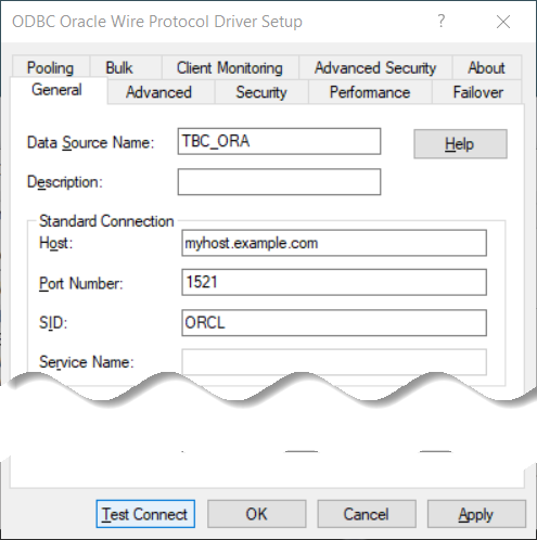 Windows 64ビットODBCデータソース管理者ユーティリティの「ODBC Oracle Wire Protocolドライバの設定」画面。この画面のエントリは次のとおりです。データソース名: TBC_ORA、ホスト: myhost.example.com、ポート番号: 1521、SID: ORCL。その他のすべてのフィールドはデフォルトのままになっていて、「接続のテスト」ボタンが強調表示されています。