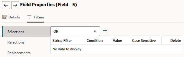 「フィールド・プロパティ」ダイアログ、「フィルタ」タブで「選択」領域が開いています。 「フィールド・プロパティ」ダイアログ、「フィルタ」タブで「選択」領域が開いています。