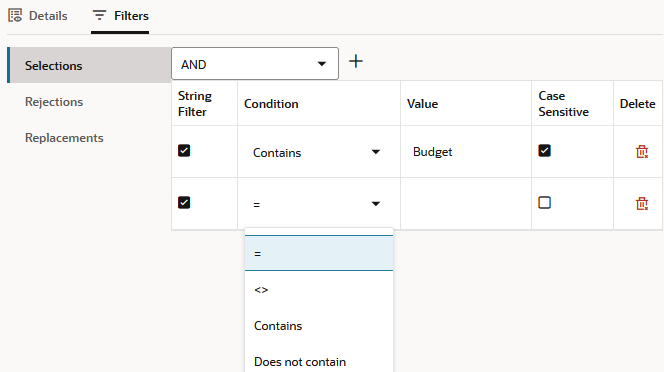 データ・ロードまたはディメンション構築のレコードの承認のために満たされるフィルタを示すフィールドに適用される選択基準。フィルタ処理のオプションには、特定の値の文字列一致または数値一致、論理結合および大文字と小文字の区別があります。 データ・ロードまたはディメンション構築のレコードの承認のために満たされるフィルタを示すフィールドに適用される選択基準。フィルタ処理のオプションには、特定の値の文字列一致または数値一致、論理結合および大文字と小文字の区別があります。