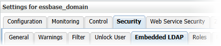 essbase_domainで「セキュリティ」→「組込みLDAP」タブを開いたWebLogicコンソール。