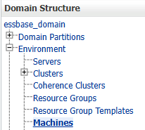 WebLogicコンソール・ドメイン構造ツリー。essbase_domainの下で、「環境」が展開され、「マシン」が選択されています。
