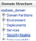 WebLogicコンソール・ドメイン構造ツリー。essbase_domainの下には、「ドメイン・パーティション」、「環境」、「デプロイメント」、「サービス」、「セキュリティ・レルム」(強調表示されています)、「相互運用性」および「診断」があります。