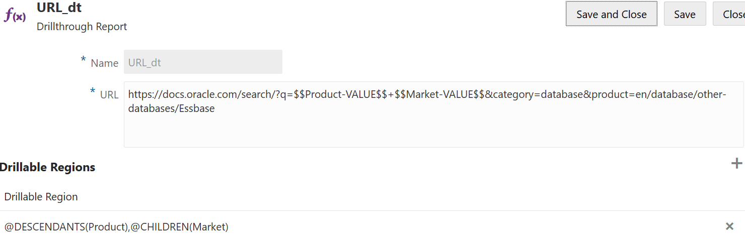 ProductおよびMarketの変数がある、Essbaseドキュメントを指し示すURLが指定されたURLドリル・スルー定義のイメージ。 ProductおよびMarketの変数がある、Essbaseドキュメントを指し示すURLが指定されたURLドリル・スルー定義のイメージ。