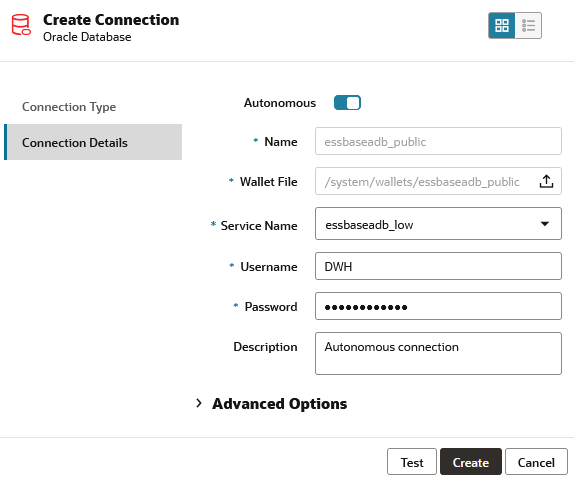 EssbaseからOracle Autonomous Data Warehouseへの接続の作成方法を示す「接続の作成」ダイアログ・ボックスのイメージ