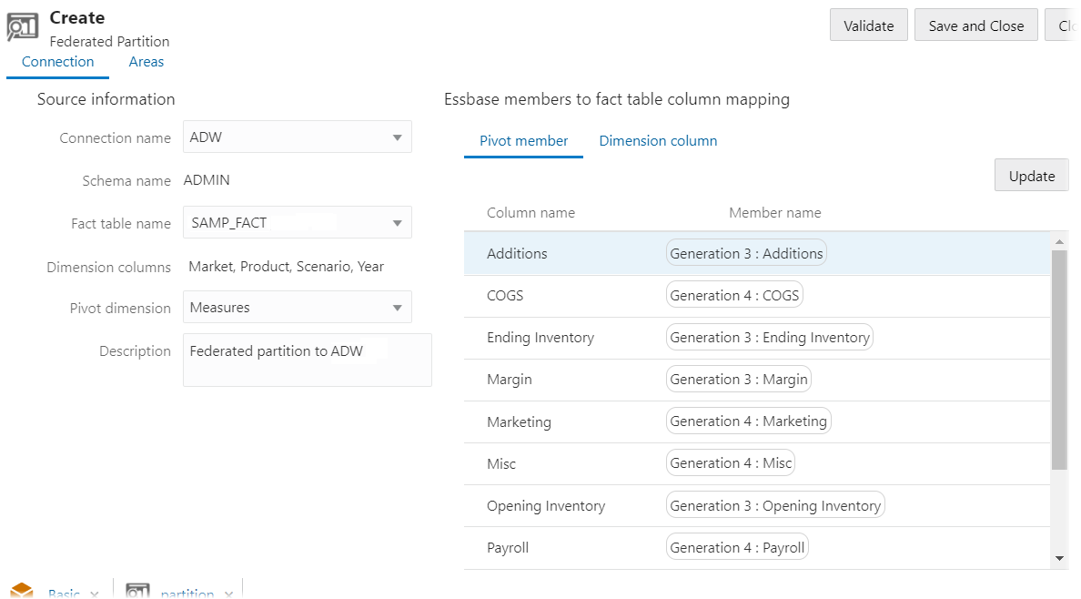 Essbase Webインタフェースでピボット・メンバー・マッピングが表示されたフェデレーテッド・パーティション定義 Essbase Webインタフェースでピボット・メンバー・マッピングが表示されたフェデレーテッド・パーティション定義