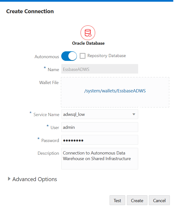 EssbaseからOracle Autonomous Data Warehouseへの接続の作成方法を示す「接続の作成」ダイアログ・ボックスのイメージ