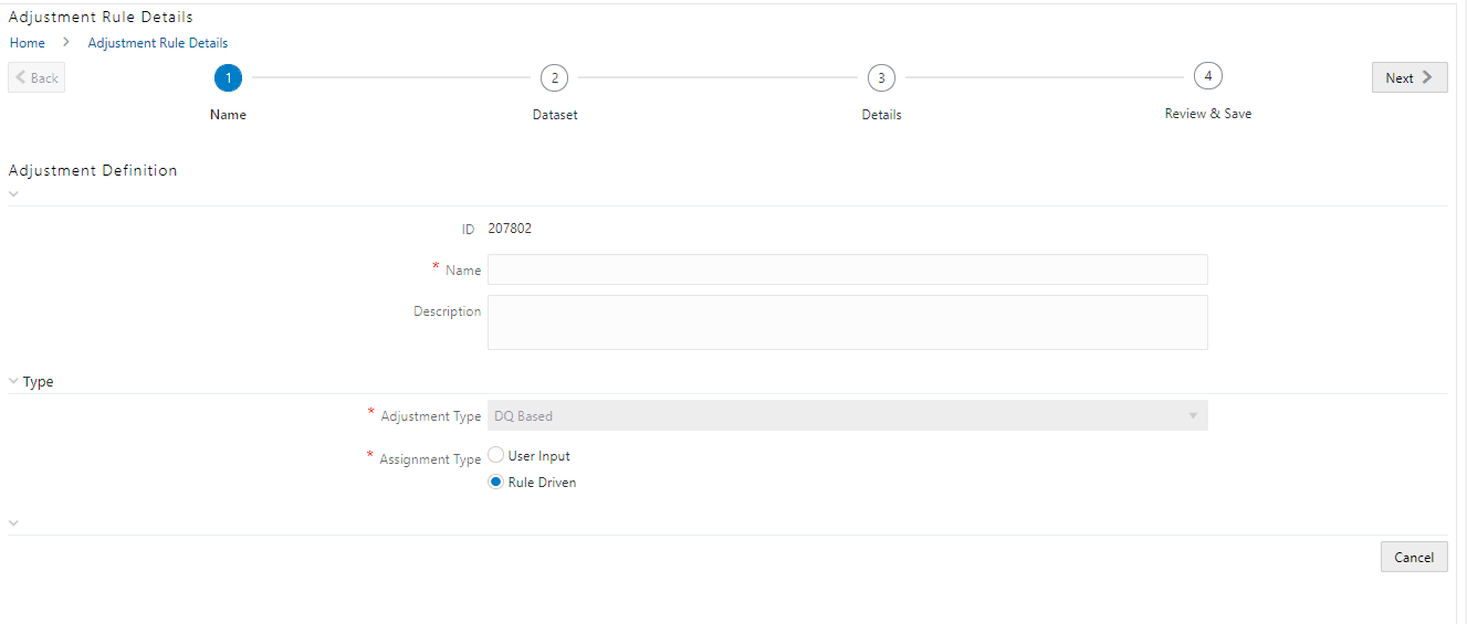 Description of Adjustment Rule Details page follows This illustration shows the Adjustment Rule Details. Enter values in the Name and Description fields.