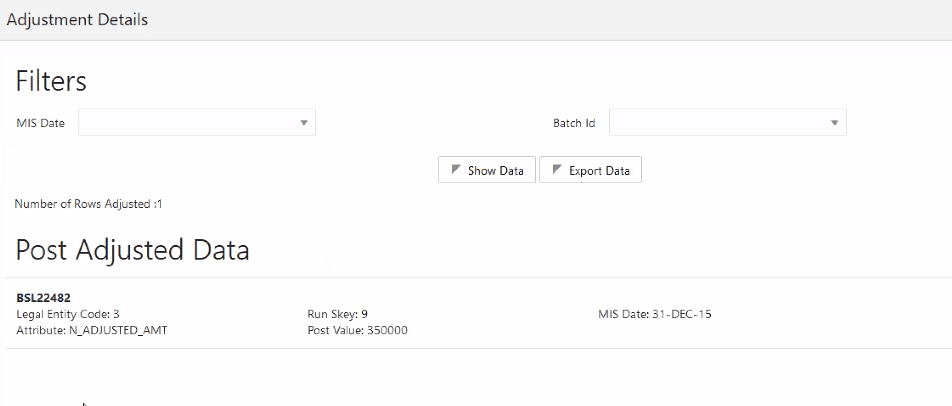 Description of Data Adjustment Summary page follows This illustration shows the pre and post-adjusted data when the required adjustment is selected.