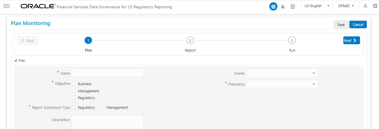 Description of Plan Monitoring Create page follows This illustration shows Plan Monitoring Create Page. The selected tasks can be seen in the Task List in the Plan Monitoring window.
