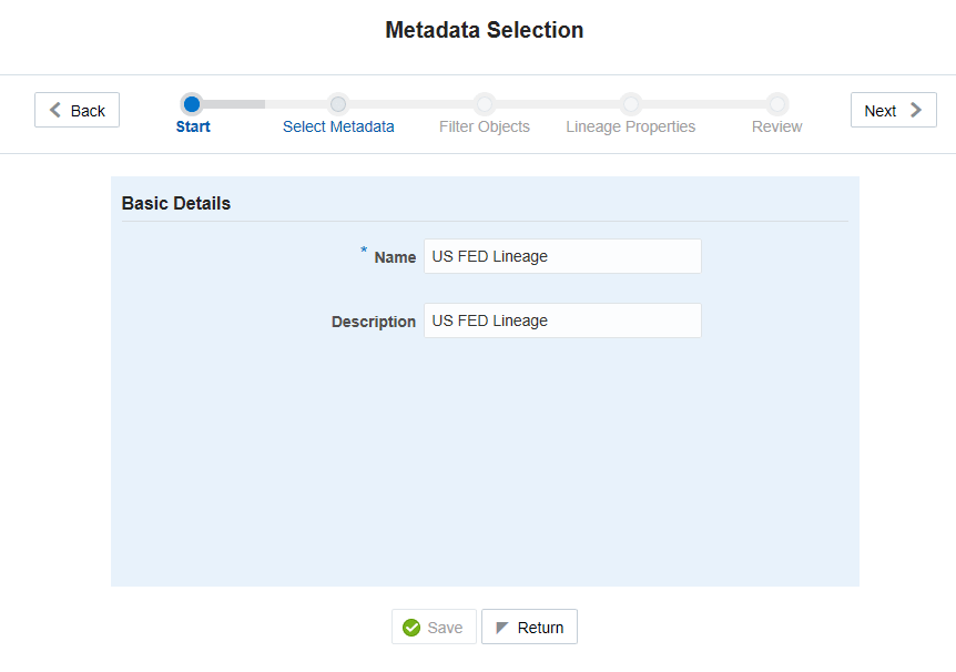 Description of Metadata Selection page follows This illustration displays the Name and Description for the new template on the Template Definition page.