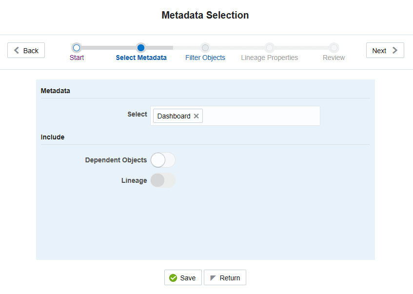 Description of Metadata Selection page follows This illustration displays the Select Metadata Values.