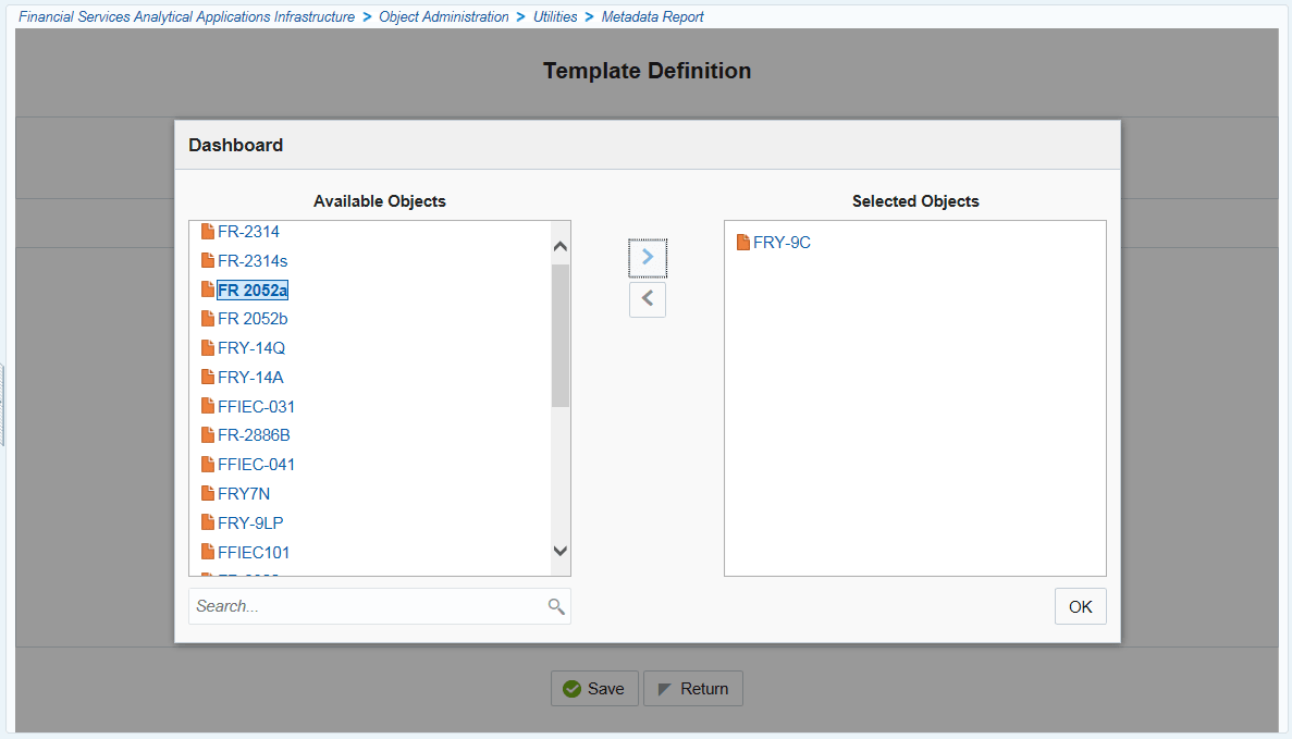 Description of Dashboard page follows This illustration displays the Dashboard window where you can select one Filter Object from the Available Objects and move the entities.