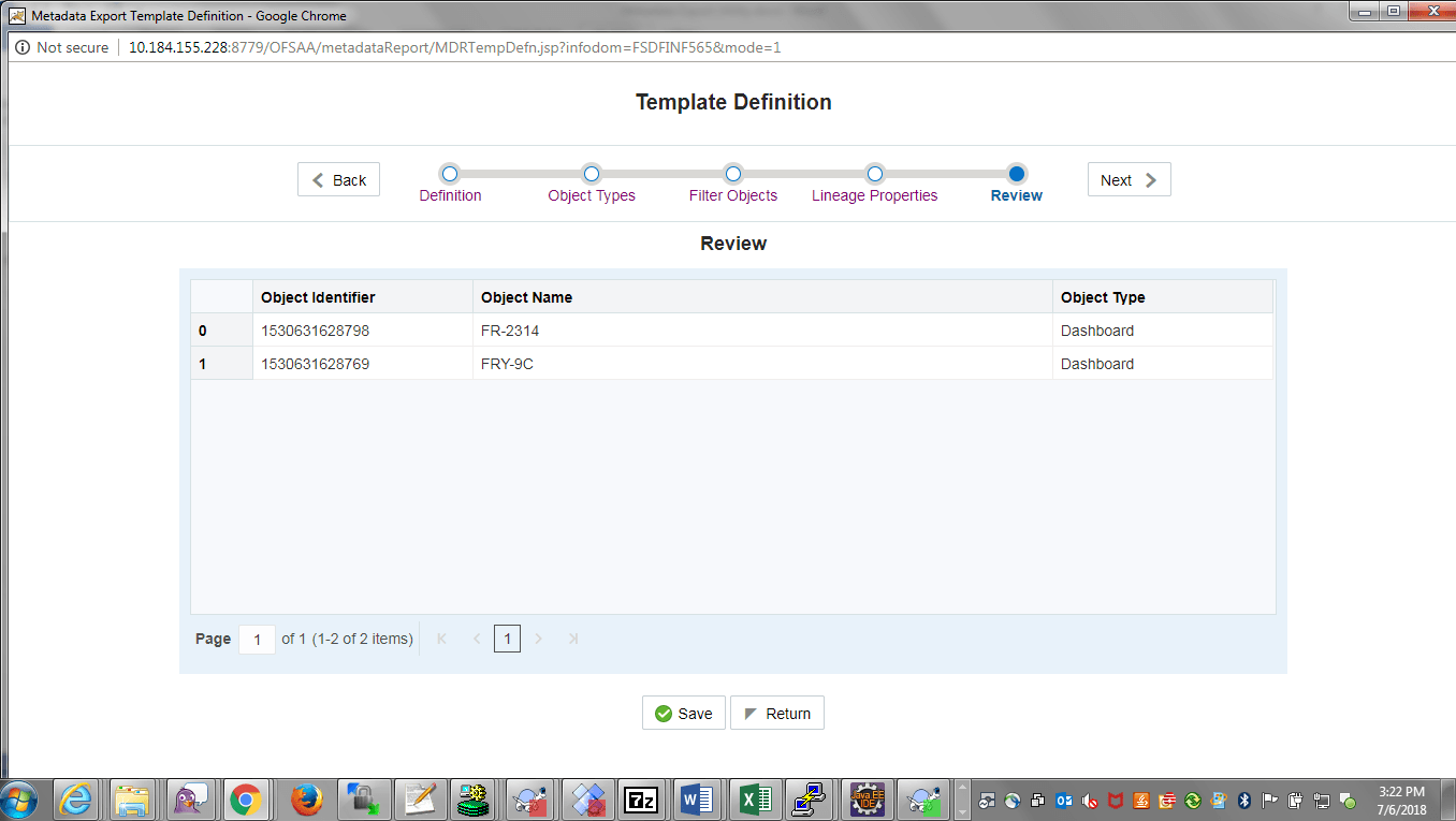 Description of Template Definition page follows This illustration displays Lineage Property details. You must review the Template Definition and click Save.