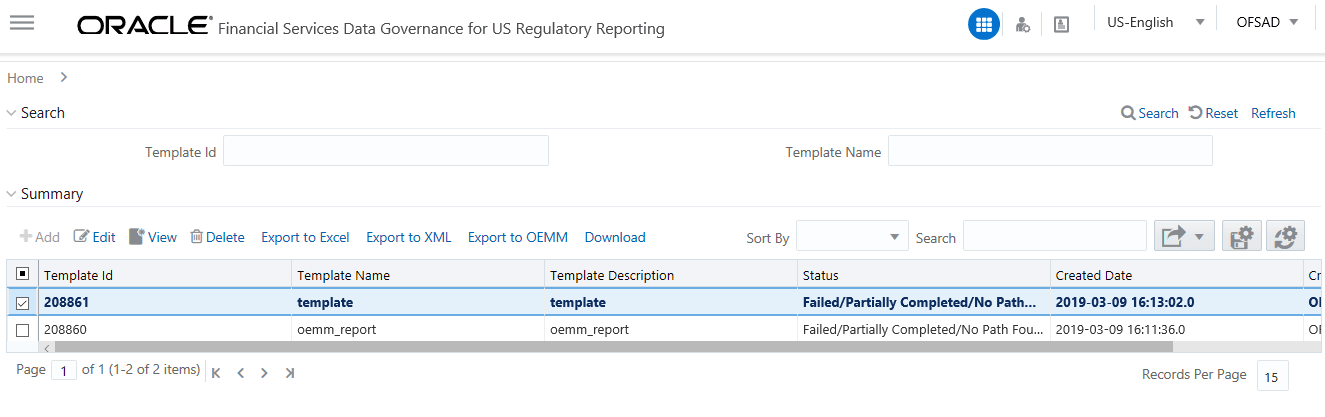 Description of Metadata Report Templates page follows This illustration displays generated Metadata Report Templates excel report (after the export status shows as completed).