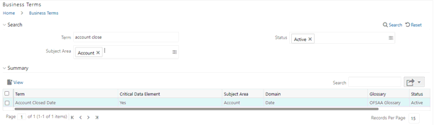This illustration shows the search results in Business Terms.