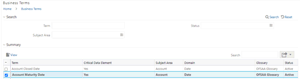 This illustration shows the View icon to select and View a Business Term.