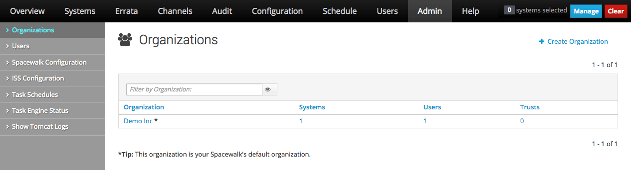 このイメージは、Oracle Linux Manager webインタフェースの組織ページを示しています。