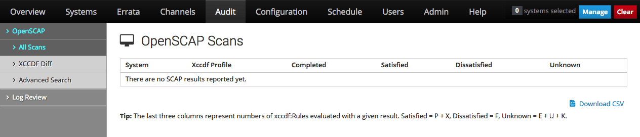 イメージには、Oracle Linux Manager Webインタフェースの「OpenSCAPスキャン」ページが表示されます。 イメージには、Oracle Linux Manager Webインタフェースの「OpenSCAPスキャン」ページが表示されます。
