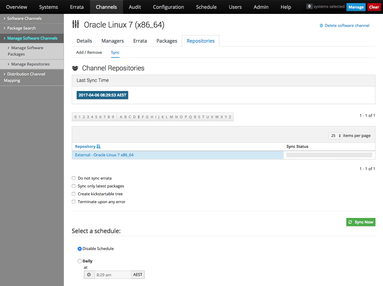 イメージには、Oracle Linux Manager Webインタフェースの「チャネル・リポジトリ」ページが表示されます。 イメージには、Oracle Linux Manager Webインタフェースの「チャネル・リポジトリ」ページが表示されます。