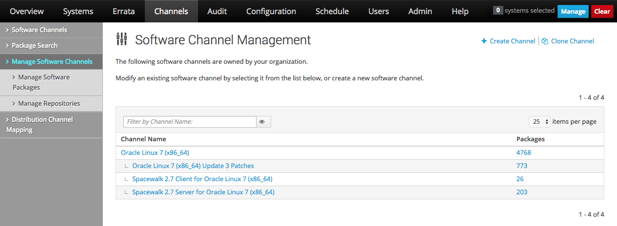 イメージには、Oracle Linux Manager Webインタフェースの「ソフトウェア・チャネル管理」ページが表示されます。 イメージには、Oracle Linux Manager Webインタフェースの「ソフトウェア・チャネル管理」ページが表示されます。