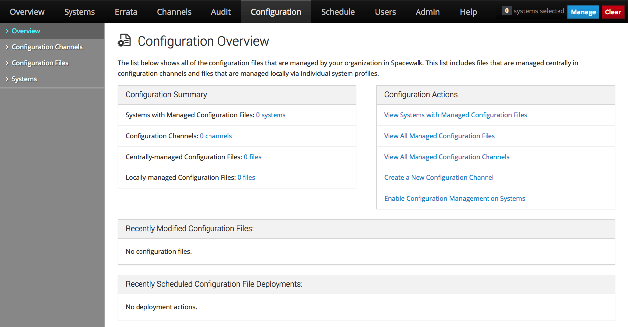 イメージには、Oracle Linux Manager Webインタフェースの「構成の概要」ページが表示されます。 イメージには、Oracle Linux Manager Webインタフェースの「構成の概要」ページが表示されます。